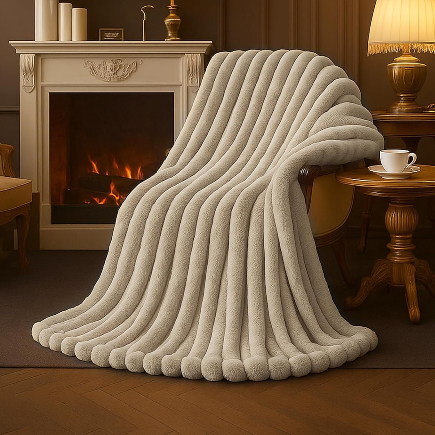Amélie Home Faux Fur Throw Blanket for Couch, Cozy Fuzzy Fluffy Fur Luxurious Soft Striped Plush Gift Blankets for Family Sofa Chair Bedroom, 55″x70″, Beige