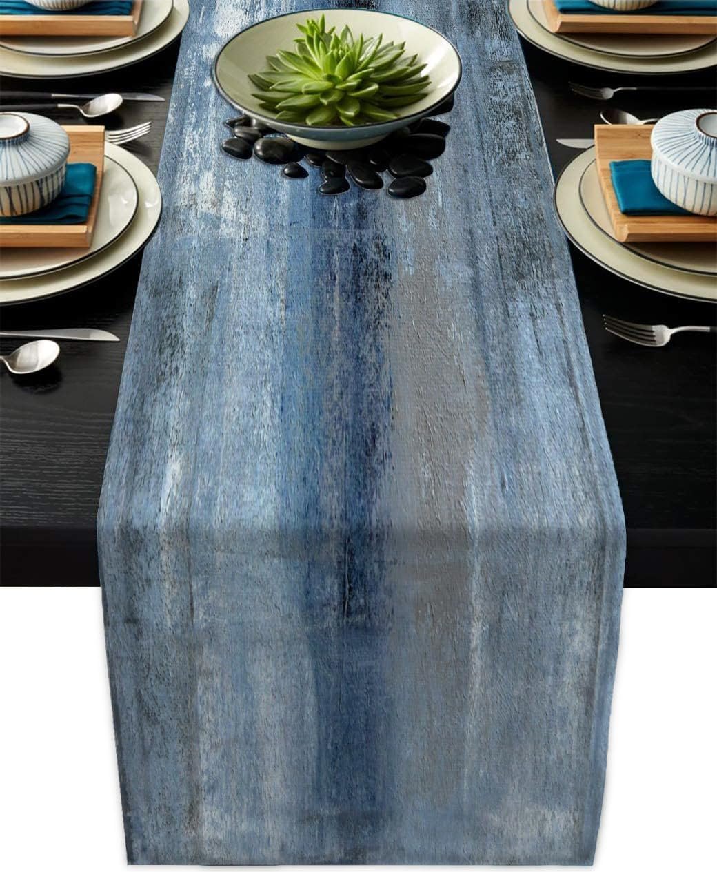 Blue Grey Table Runners Modern Art Farmhouse Linen Table Runners Dresser Scarves Retro Rustic Style for Party Kitchen Dining Table Coffee Holiday Party Decor (Blue Grey, 13″x 71″)