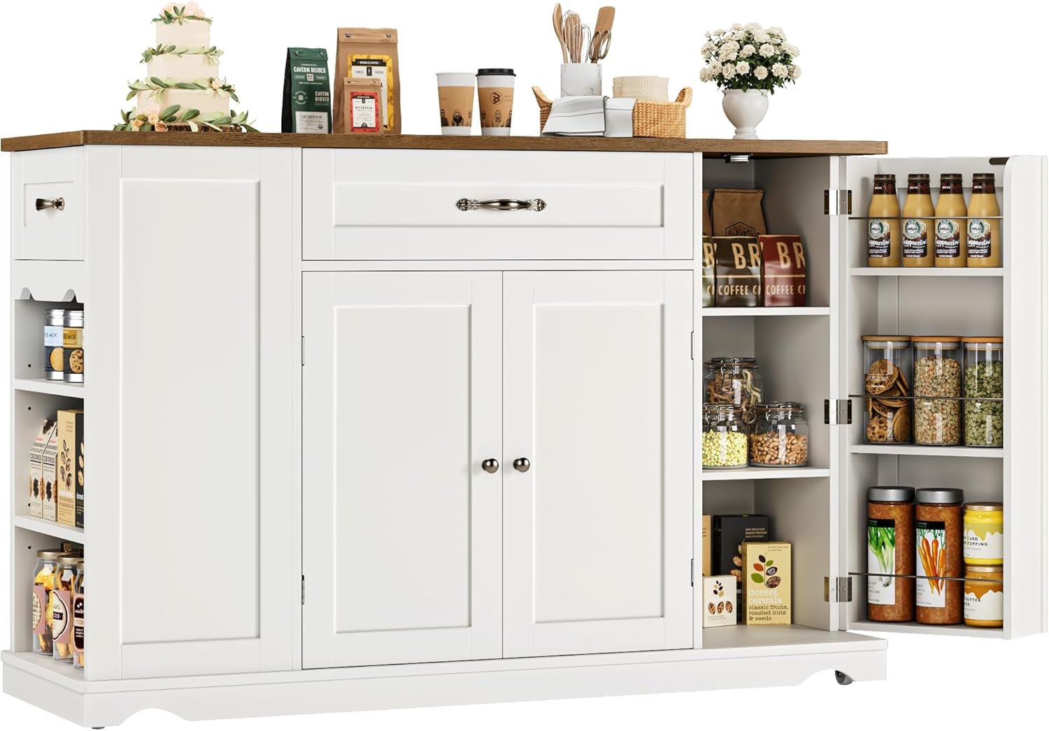 HOSTACK Kitchen Island Cart with Storage, 47” Kitchen Storage Island on Wheels with 2 Drawers, Rolling Island Table with Adjustable Shelves, Mobile Buffet Sideboard Cabinet for Dining Room, White