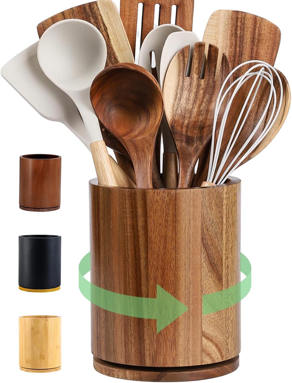 Wooden Utensil Holder, 360°Rotating 7.3” Large Utensil Holder for Kitchen Counter, Kitchen Utensil Organizer, Utensil Crock, Farmhouse Kitchens Countertop Decor, Acacia Wood