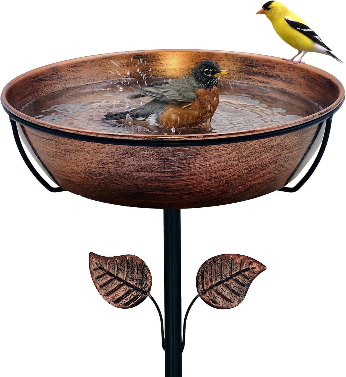 3″ Deep Metal Bird Bath for Outdoors, Removable 13″ Dia Bowl with Stable Upgrades Stake, Easy to Clean Birdbaths for Garden Yard Lawn Decor 1.4 Gallon