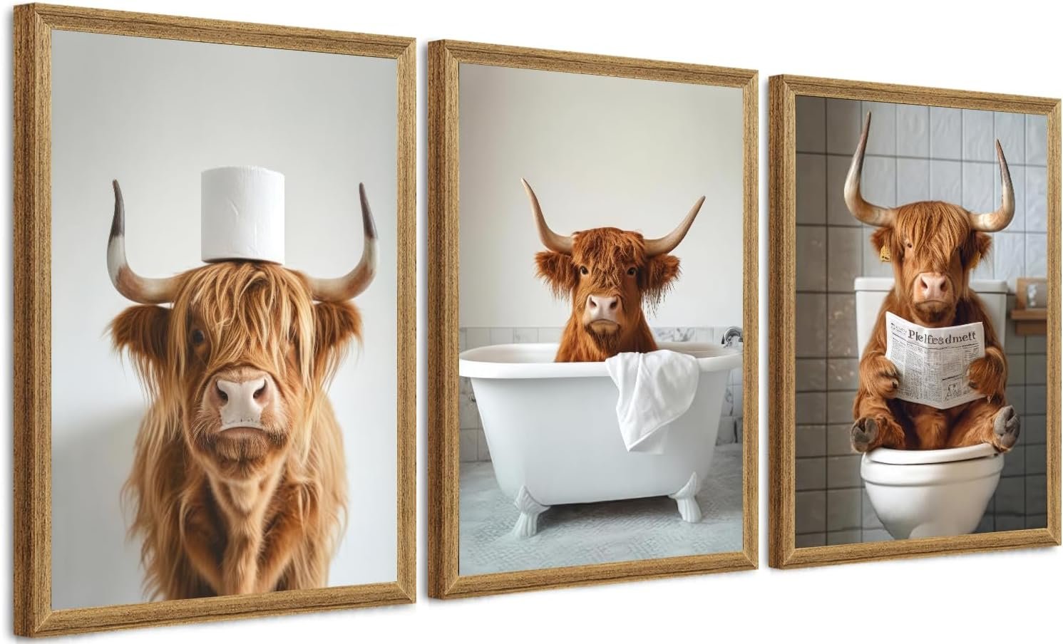 FYLDPSB 3Pcs Funny Bathroom Wall Art Framed Highland Cow Bathroom Wall Decor Cute Animal Canvas Pictures Rustic Farmhouse Paintings Toilet Paper Artwork Humor Prints