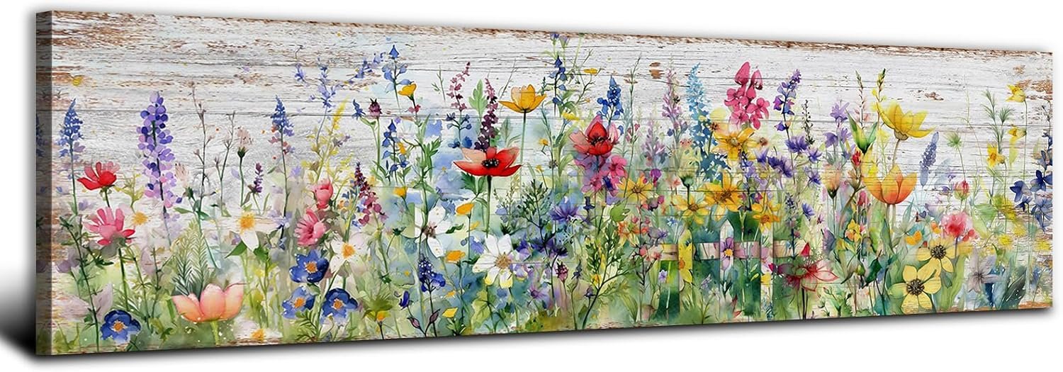 Rustic Wildflower Wall Art Colorful Farmhouse Floral Scenery Picture Decor Watercolor Flower Landscape Wood Grain Prints Painting Artwork for Living Room Office Bathroom Bedroom Home Decoration 14×48″