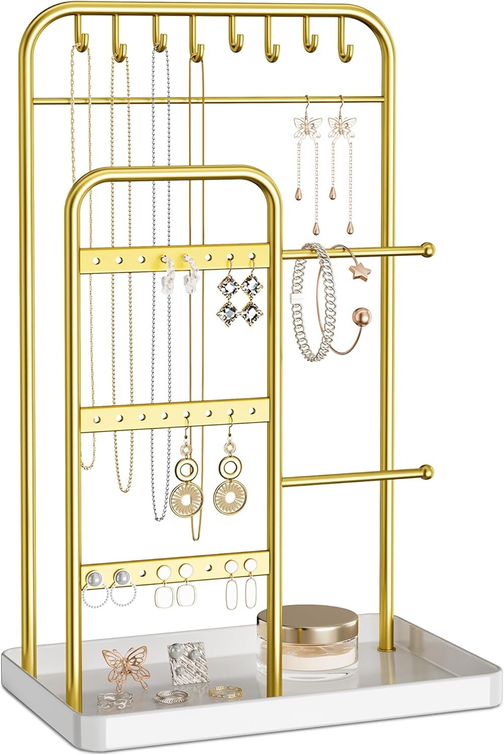 pickpiff Jewelry Holder Stand: Jewelry Display for Necklace, Bracelet, Earring, Ring, White & Gold