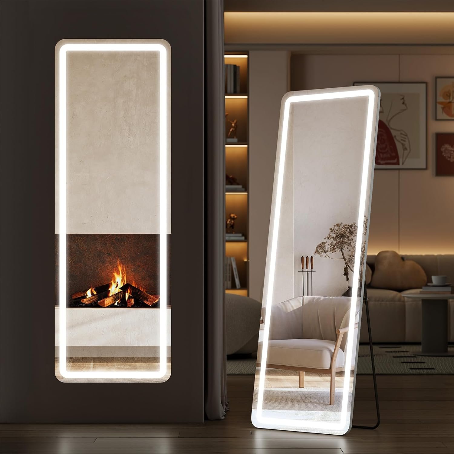 Sweetcrispy Full Length Mirror with LED Lights, 61″x17″ Lighted Full Body Floor Mirror with Dimming & 3 Color Lighting, Stand for Bedroom, Dressing Room