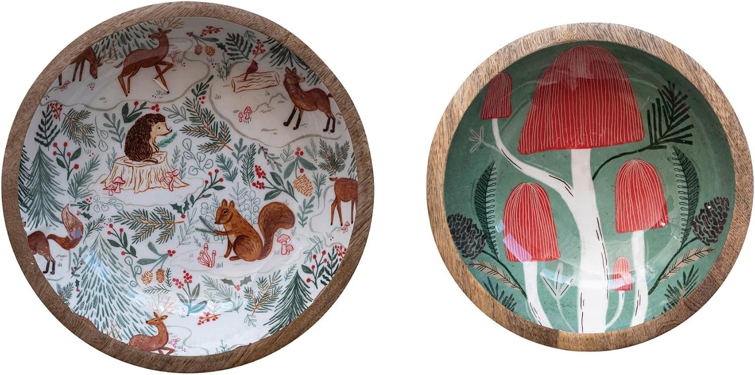 Creative Co-Op Mango Wood Bowls with Woodland Floral Pattern, Multicolor, Set of 2