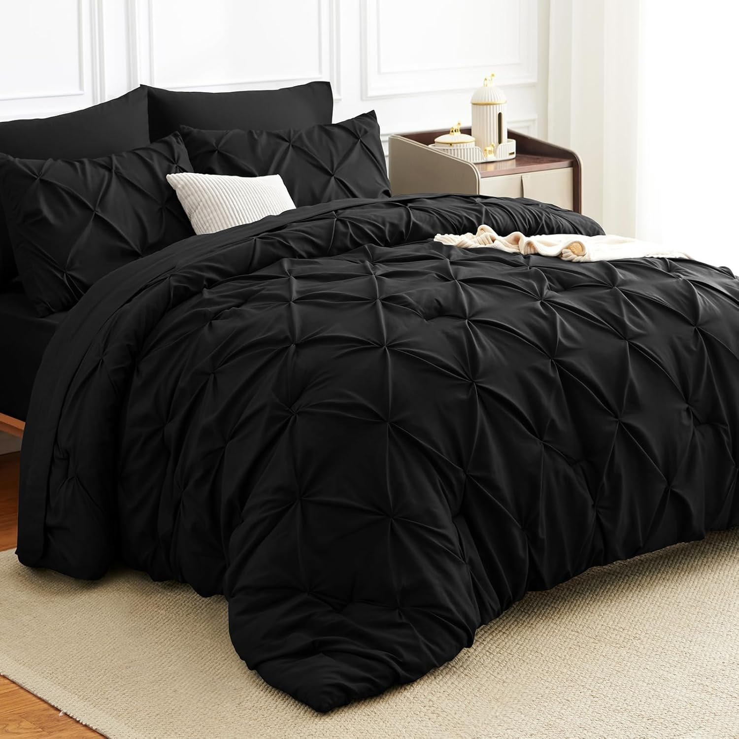 HIMEET Queen Comforter Set Black – 7 Pieces Pintuck Bed in a Bag, Pinch Pleat Modern Room Decor, All-Season Soft Bedding Gift with Comforter, Sheets, Pillowcases & Shams