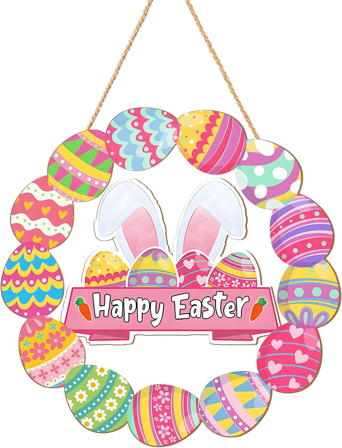 Easter Door Sign Decorations,Bunny Eggs Hanging Door Sign Happy Easter Wood Wreath for Front Door for Home Garden Porch Window Wall Party Supplies