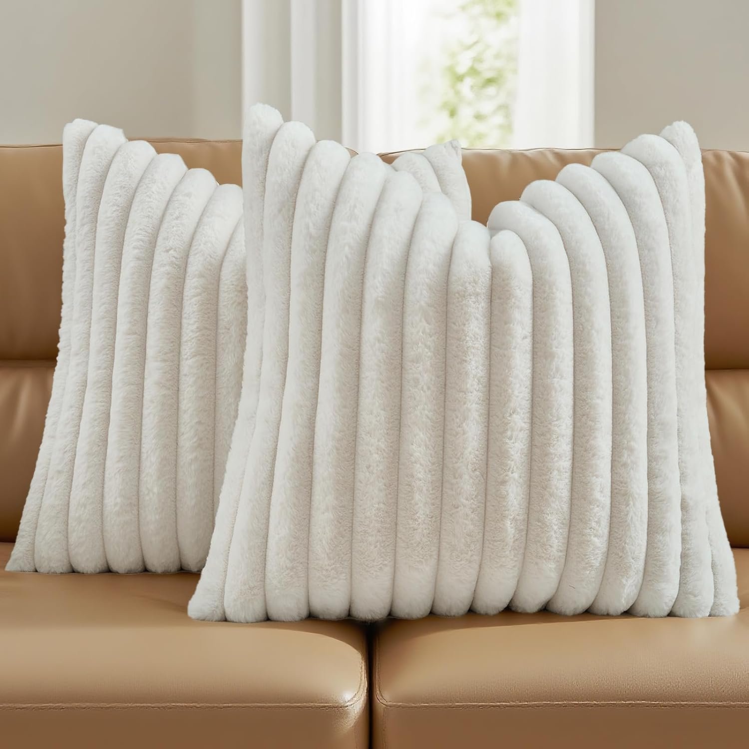 FUTEI Pack of 2 Fluffy Faux Fur Throw Pillow Covers 18×18 Inch Elegant Striped Textured Decorative Cushion Cases Modern Accent Pillow for Couch Bed Living Room, Cream White