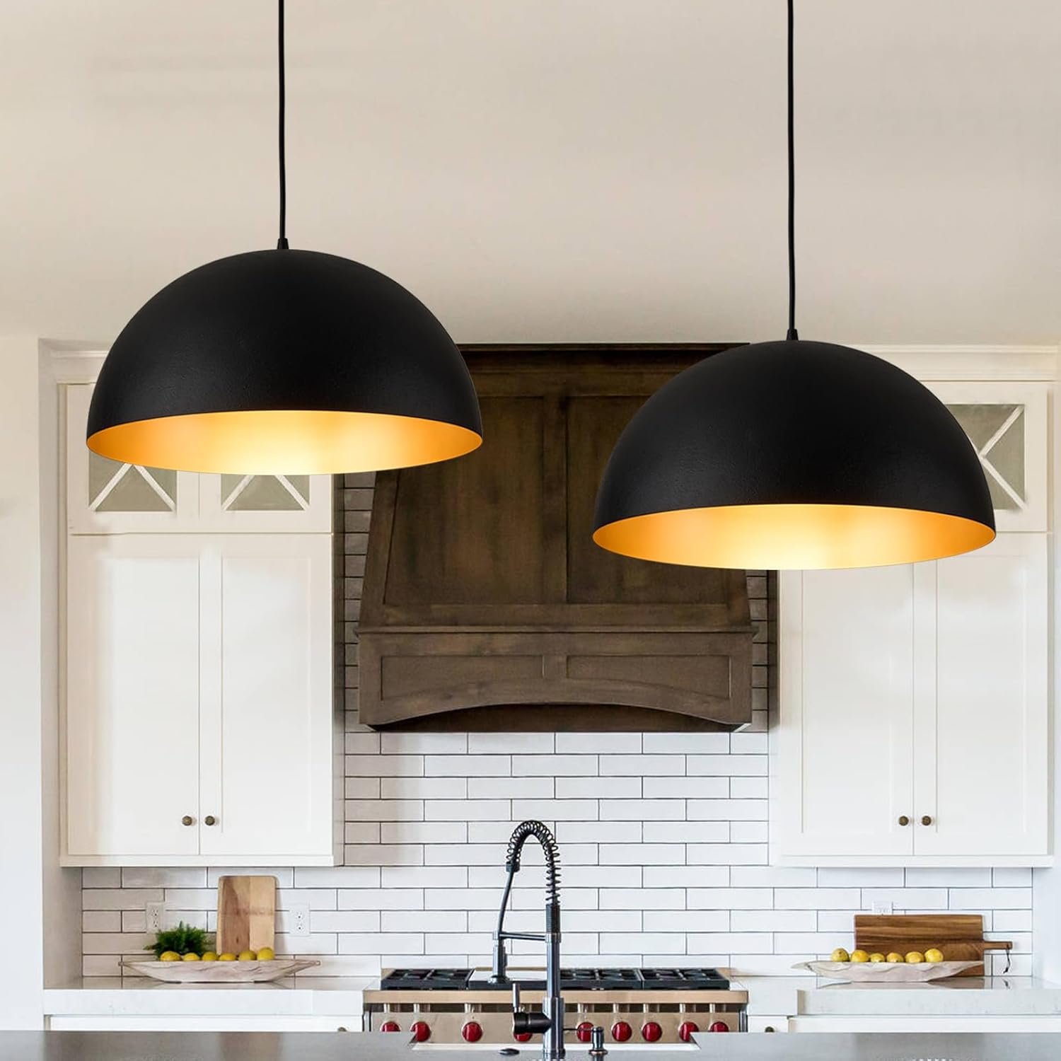 16 Inch Industrial Pendant Lighting for Kitchen Island, Black and Gold Metal Dome Pendant Light Fixtures, Hemispherical Hanging Ceiling Light E26 Base for Reading Dining Room Foyer Cafe, 2 Pack