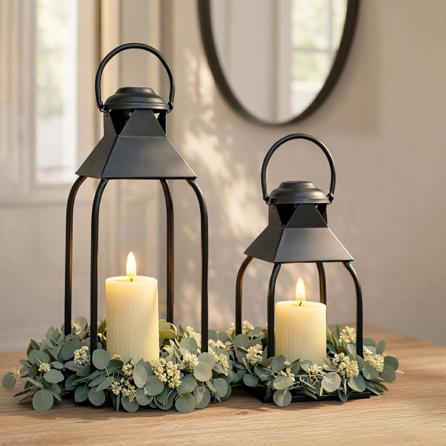 Decorative Metal Lanterns Indoor Outdoor, Candle Holder for Porch, Patio, Fireplace, Floor, Wedding, Christmas, Fall, Holiday, Farmhouse Table Centerpiece (Black, Set of 2 15.7″ 12″)