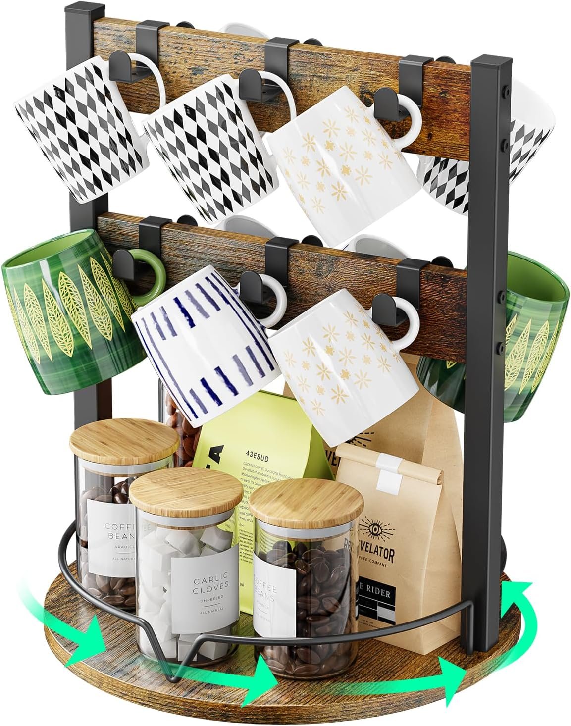 KLM Wood Coffee Mug Holder,12 Hook Mug Tree Holder Rack with Storage Base,Mug Display Organizer,Mug Holders for Home Kitchen,Support 360° rotation for easy access