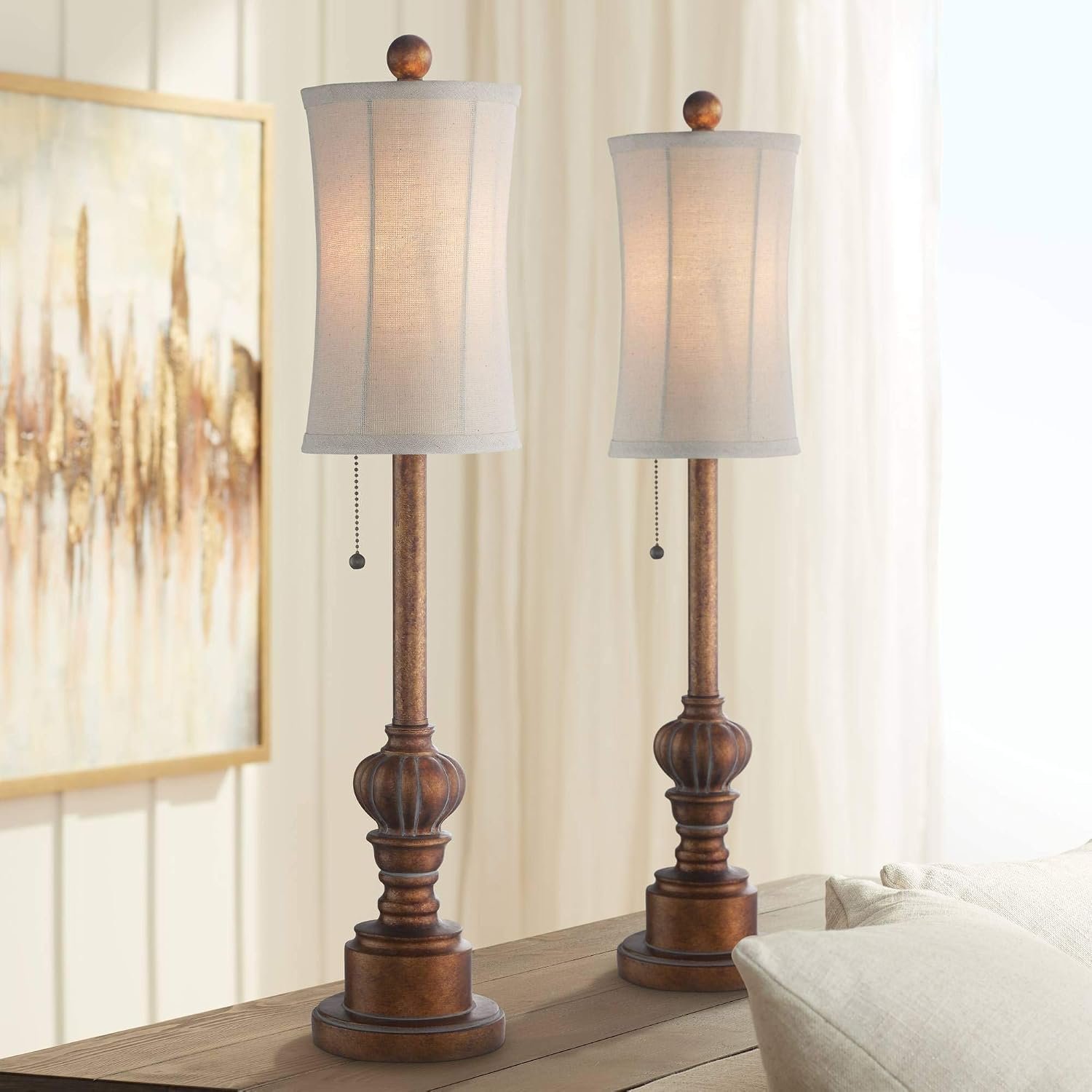 Regency Hill Bertie Traditional Natural Cottage Core Buffet Table Lamps 28″ Tall Skinny Set of 2 Warm Brown Wood Tone Fabric Drum Shade Decor for Living Room Bedroom House Bedside Nightstand Home