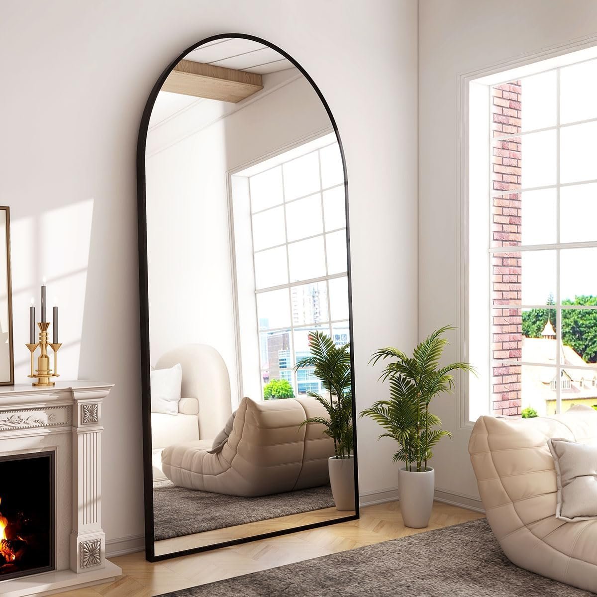 GLSLAND-34×76 inch Wall Mount Arched Full Length Mirror-Aluminum Alloy Frame High Definition-Full Body Mirror for Bedroom or Living Room,Black
