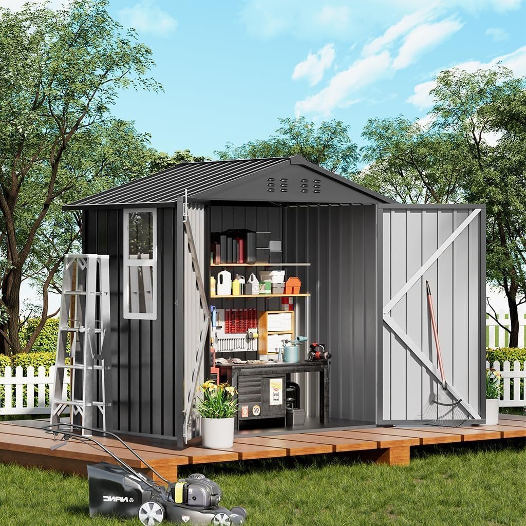 COMHOMA Shed Storage Outdoor Metal Windowed Lockable Garden Toolhouse Weatherproof Ventilated Backyard Utility Workshop(Grey,6’x4′)
