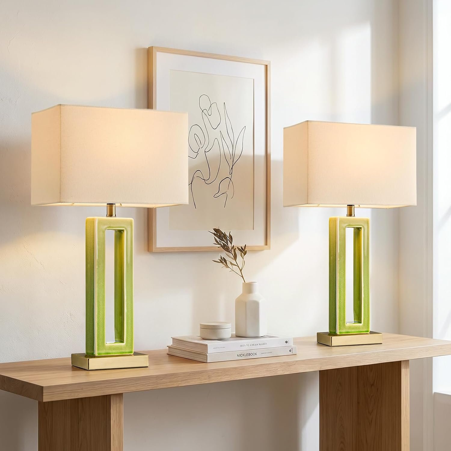 22″ Modern Ceramic Table Lamps Set of 2, Green Crackle Glaze Hollow Bedside Lamps with Linen Shade, 5ft Cord Rotary Switch E26 Base Nightstand Lamps for Bedroom Living Room Entryway Decor