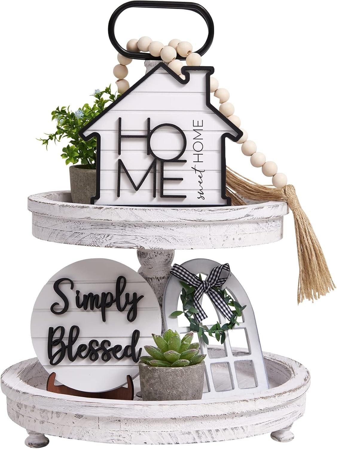 Houmury Rustic Farmhouse Tiered Tray Set with Succulent & Plant – Home Decor for Kitchens (Set of 8 Without Trays)