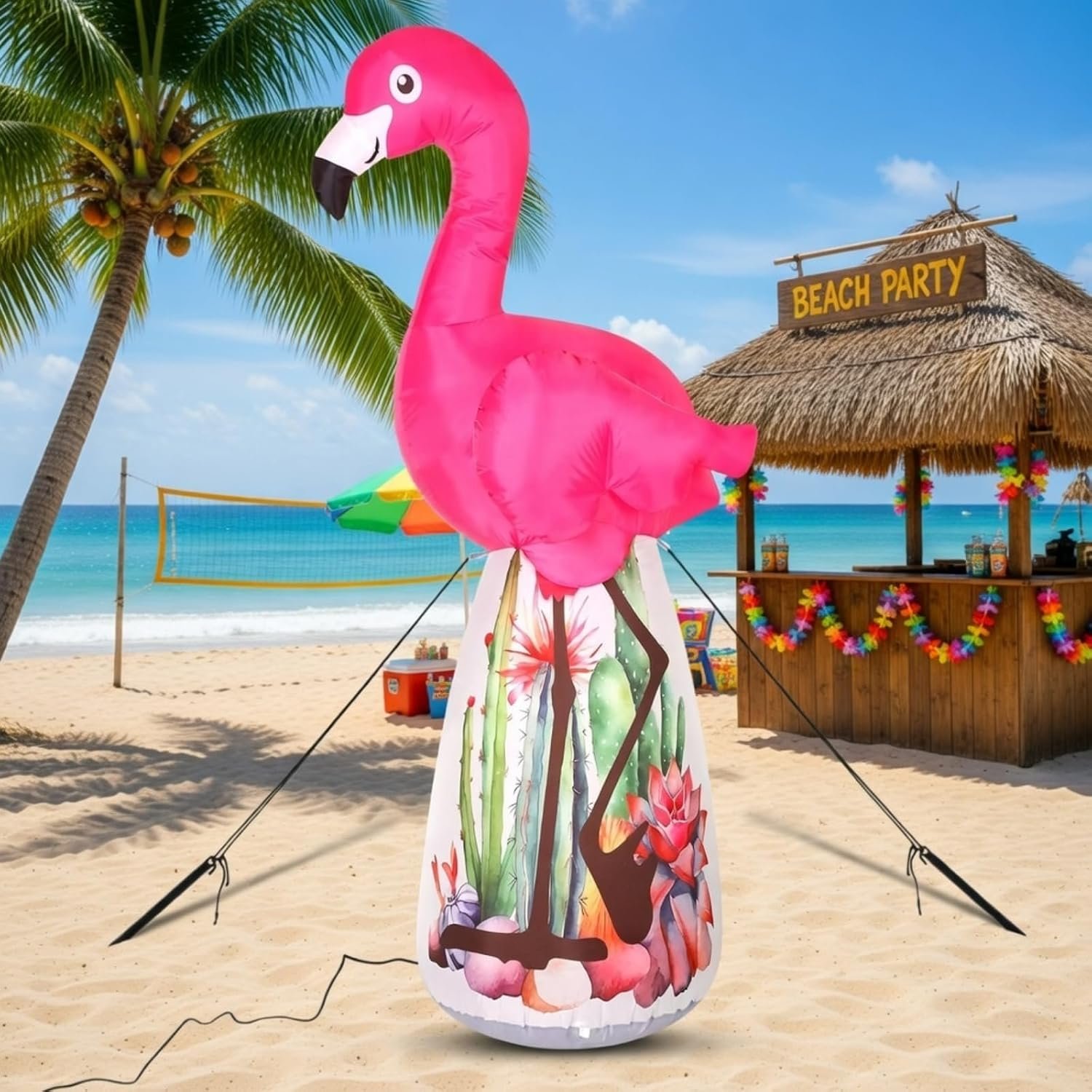 6 ft Inflatable Outdoor Decoration Pre-lit LED Lights Beach Party Decor Coconut Tree Summer Hawaiian Party Supplies Blow up for Yard Tropical Pool Porch(Standing Flamingo)