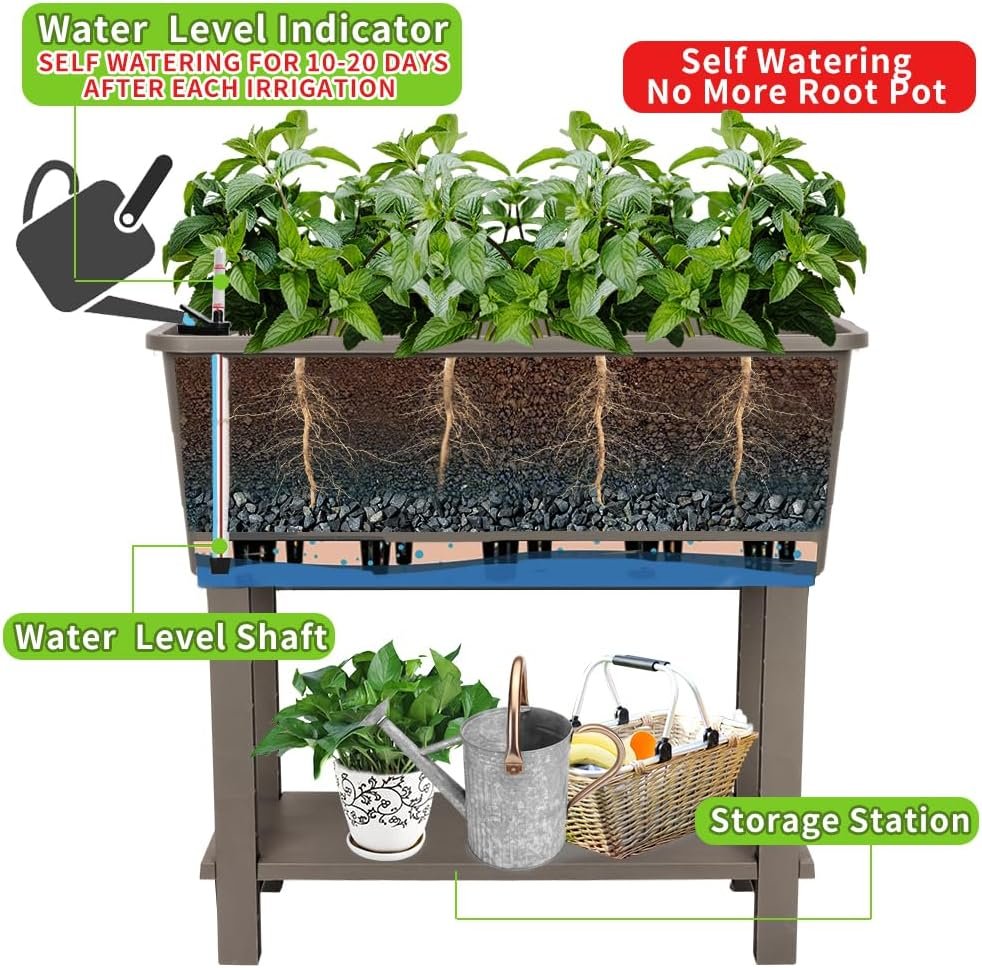 3 Pcs Self Watering Elevated Raised Garden Bed, Large Outdoor Plastic Planter Box Big Flower Plant Pot for Planting Flowers Vegetables and Herbs (3, Khaki)