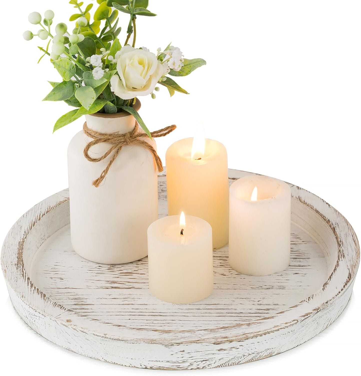 Hanobe Candle Plate Holder Tray: Round Wood Decorative Candle Plate – Rustic Farmhouse CoffeeTable Decor – Tealight Pillar Trays for Home Decor (White Rustic)