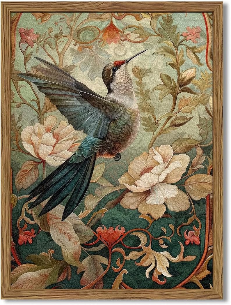 Framed Vintage Hummingbird Wall Art, Floral Bird Wall Decor Paintings, 3D Sandstone Textured Nature Botanical Pictures Prints Aesthetic Home Decor for Living Room Bedroom Bathroom Office 12×16 inch