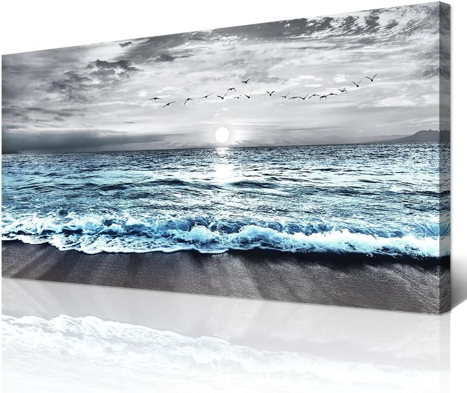 Wapluam Large Canvas Wall Art For Living Room & Bedroom Decor – Black & White Blue Sea Wave Pictures – Framed Beach Posters