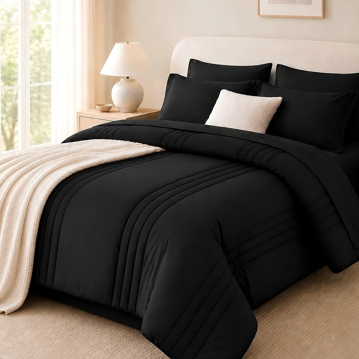 Queen Comforter Set Black, 7 Pieces Bed in a Bag Queen Size, Lightweight Microfiber Bedding Set with Comforter, Flat Sheet, Fitted Sheet, Pillowcases & Shams, Deep Pocket All Season Bed Set