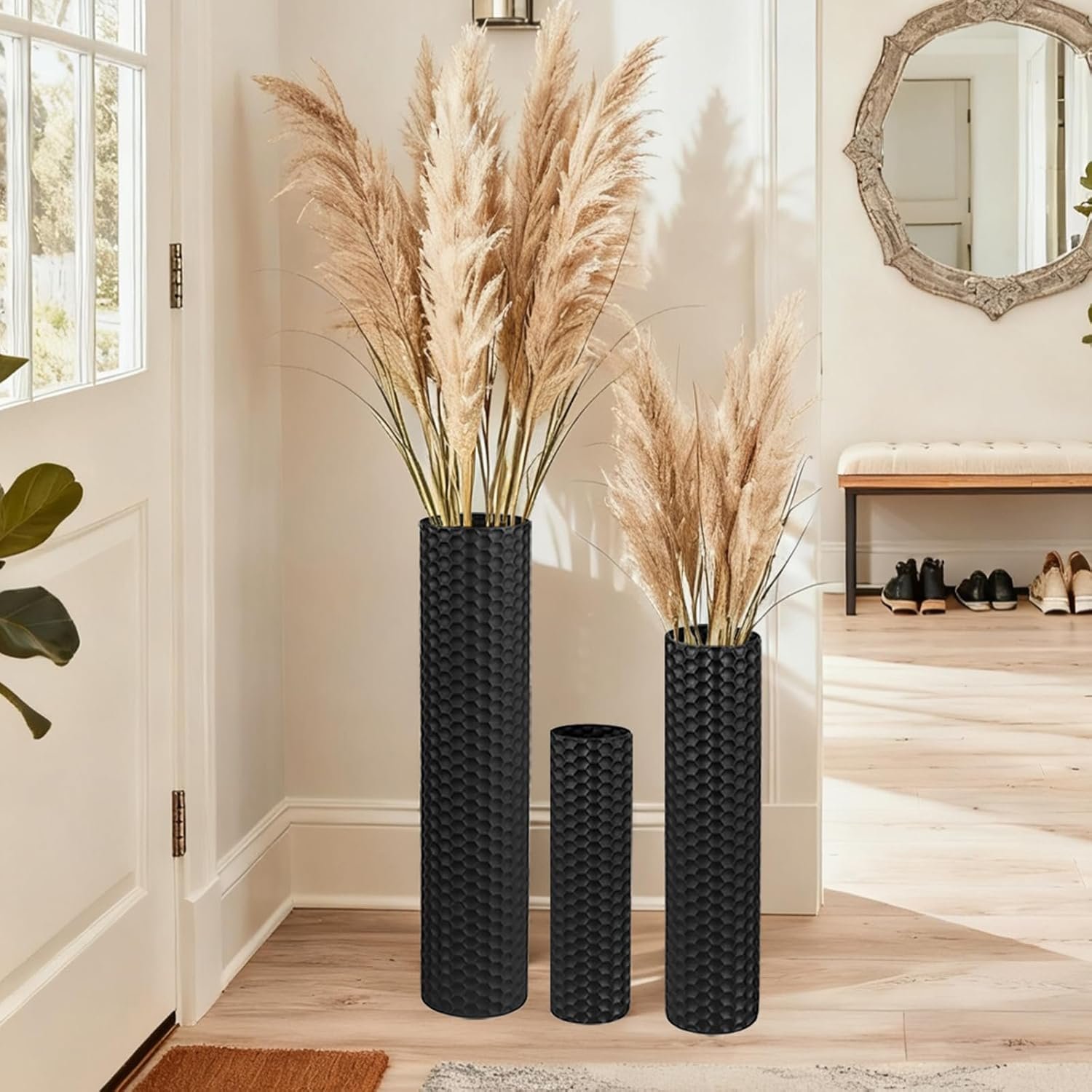 Black Tall Floor Vase – Set of 3 Extra Large Metal Decorative Vases for Living Room, 27.6″ Long Modern Honeycomb Texture Big Cylinder Standing Corner Decor for Home Dining Bedroom Pampas Grass