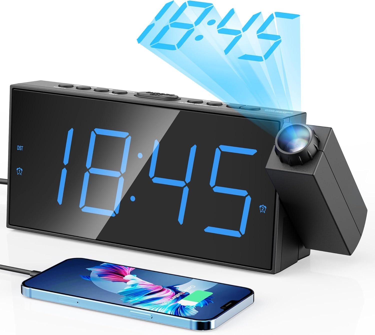Digital Projection Alarm Clocks for Bedrooms – Large LED Display, 180° Rotatable Projector, 5-Level Dimmer,USB Charger,Battery Backup,Loud Dual Alarms for Kids Elderly,Heavy Sleepers,Snooze,12/24H,DST