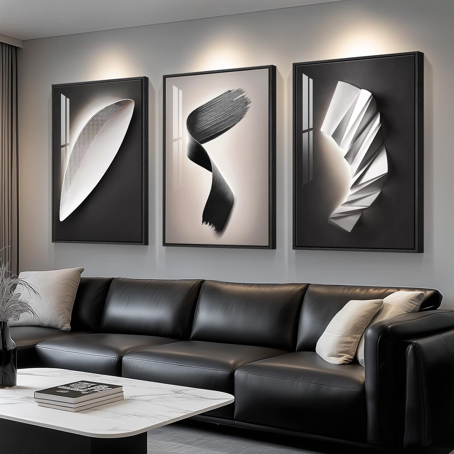 Large Framed Modern Wall Art for Living Room, 3 Piece Black and White Abstract Contemporary Pictures Artwork Decor, Geometric Luxury Bright Style Prints Paintings for Hallway and Office 24×36 Inch