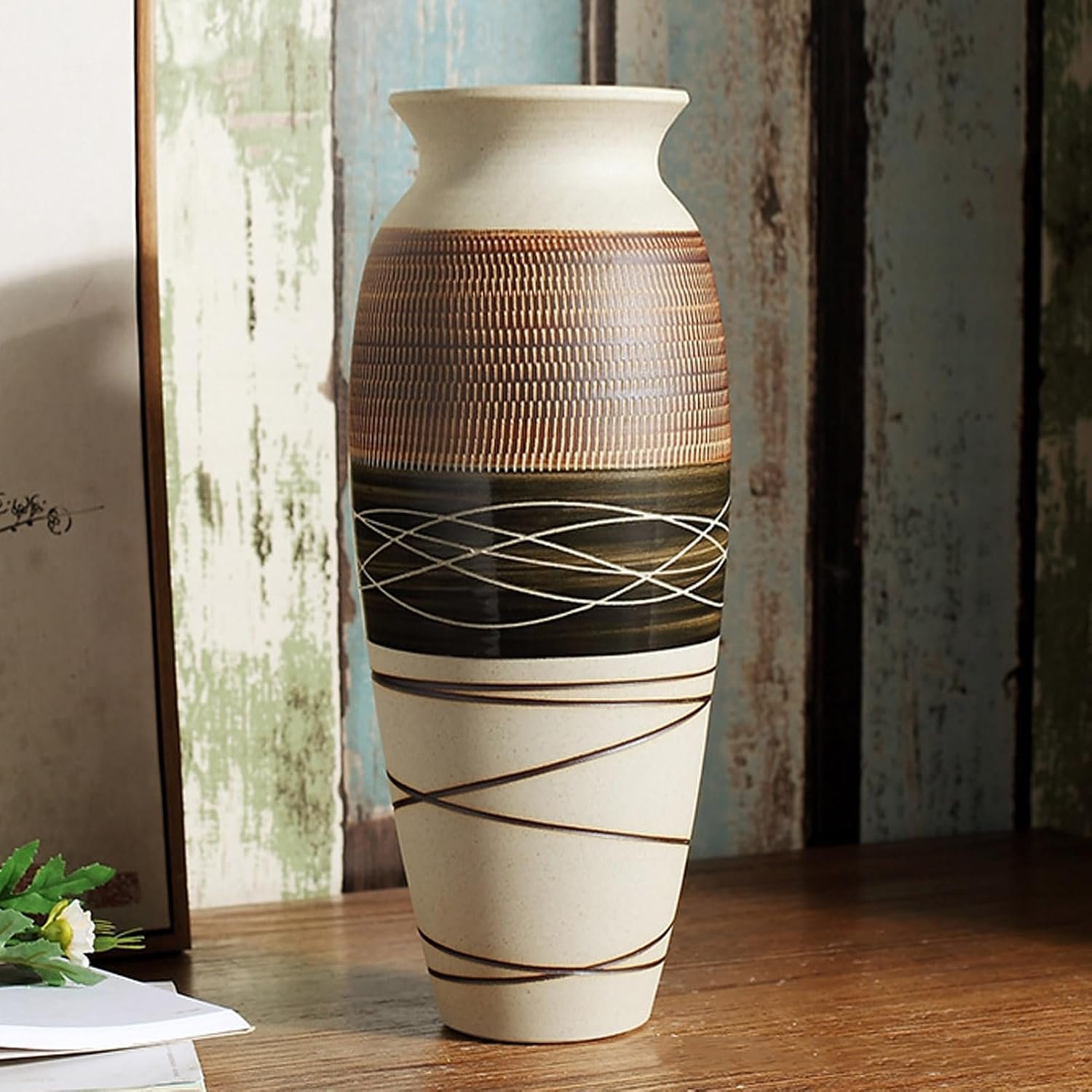 Ceramic Rustic Farmhouse Vase, 12.6″ Large Vintage Flower vase for Home Decor, Tall Boho Textured Vases for Living Room, Table, Mantel, Shelf and Centerpieces Decor and Housewarming