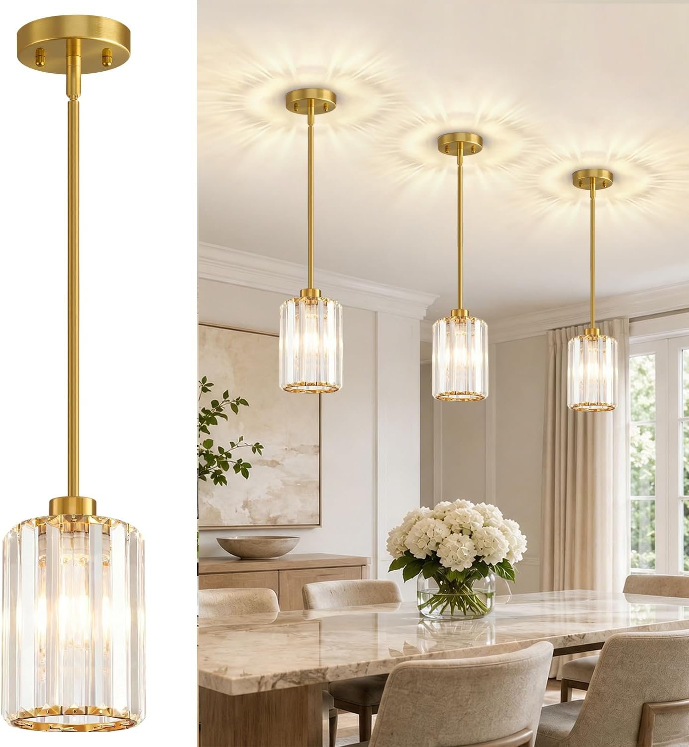 1 Pack Brushed Gold Pendant Lights Kitchen Island, Modern Crystal Chandelier Kitchen Pendant Lighting Over Island, Adjustable Hanging Mini Light Fixtures for Dining Room Hallway Corridor Bedroom