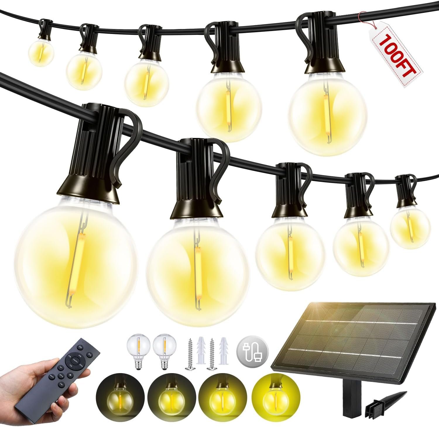 100FT Solar Lights Outdoor Waterproof: G40 30M Shatterproof Bulbs Patio Lights – Solar Powered Remote Control 3 Light Modes Dimmable Solar Light – Camping Backyard Garden Deck Outside Yard