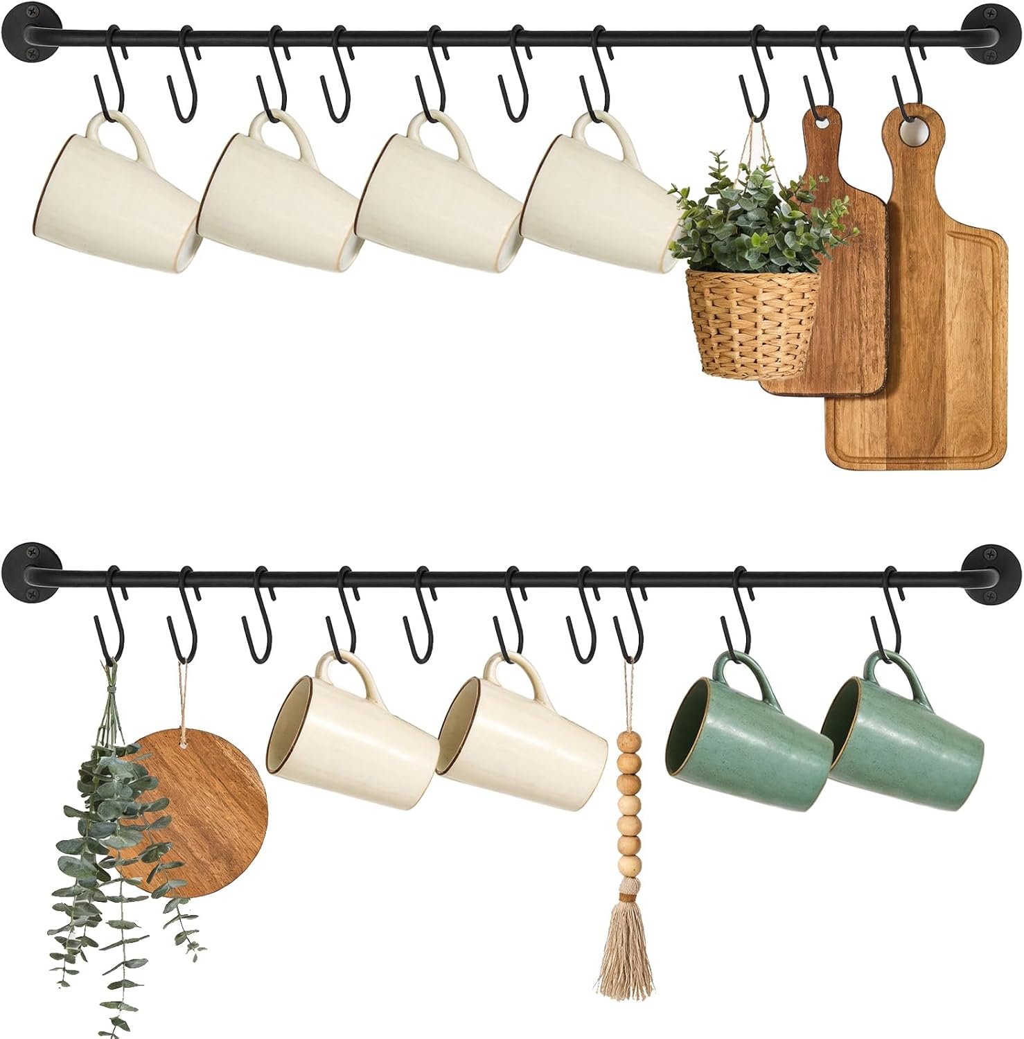 Mkono Mug Holder Wall Mounted Coffee Cup Rack Hanger Modern Metal with 20 Mug Hooks Rustic Utensil Tea Cups Storage Organizer for Kitchen Dining Room Coffee Bar, Set of 2, Black