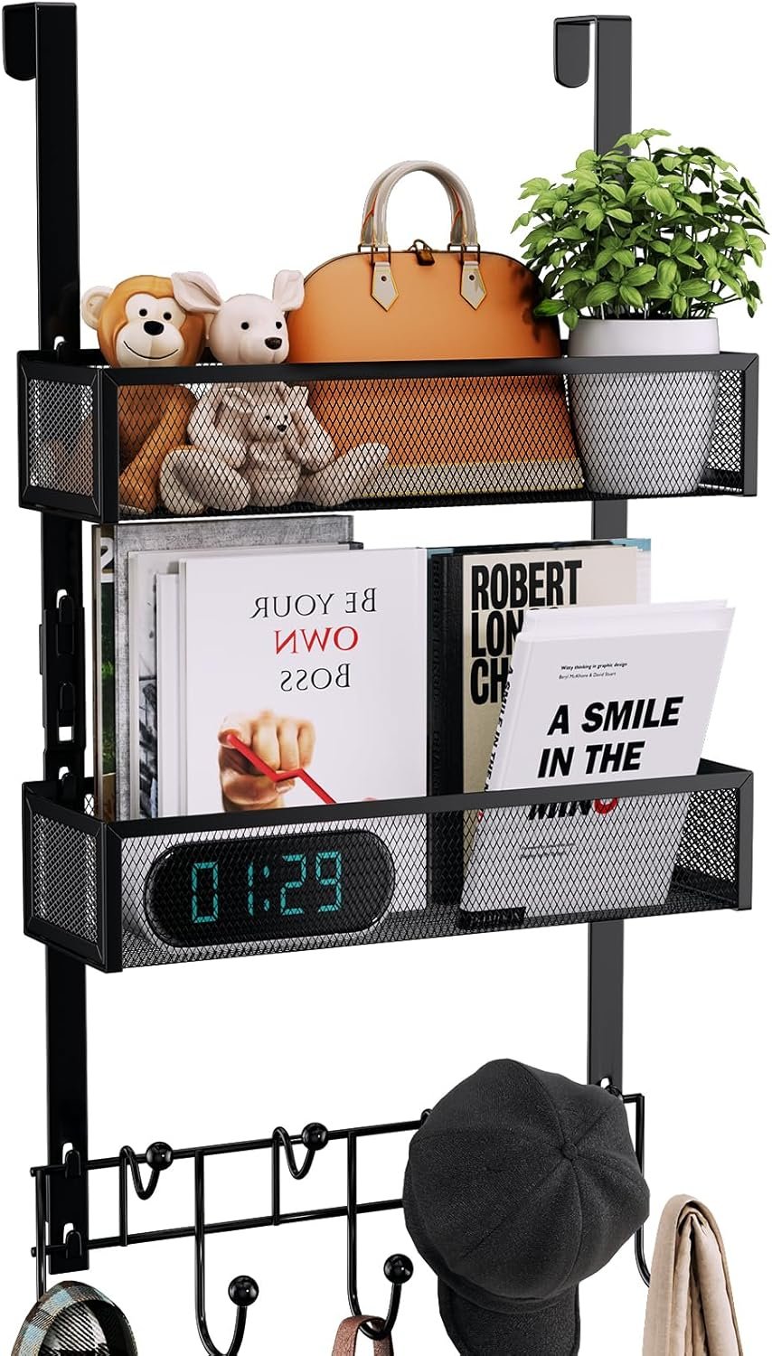 Consumest Over The Door Hooks Organizer – 3 Tier Door Hanger with 9 Coat Hooks & 2 Mesh Basket, Back Storage Organizer Hanging Towels for Bathroom, Bedroom, Black