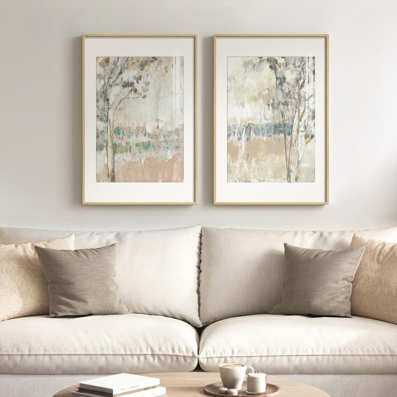 Framed Neutral Abstract Landscape Wall Art for Living Room, Large Set of 2 Minimalist Tree Canvas Artwork for Walls, Modern Nature Scenic Paintings Prints Wall Decor for Bedroom Home Office, 20×30 In