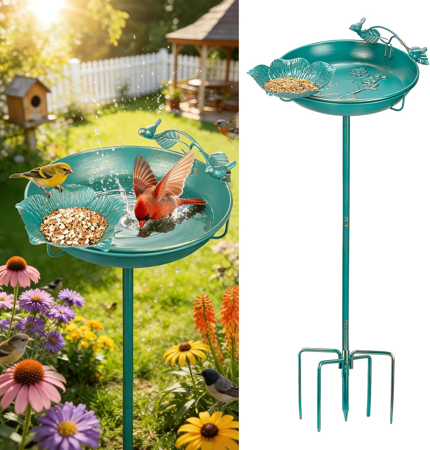 Mellbree Bird Bath for Outside 12″, Metal Freestanding 12″ Dia 39″ H Lake Blue Gold Gilding Birdbath with Perch & Feeder Bowl, Multi-Functional for Garden Patio Yard Lawn Outdoor Decor