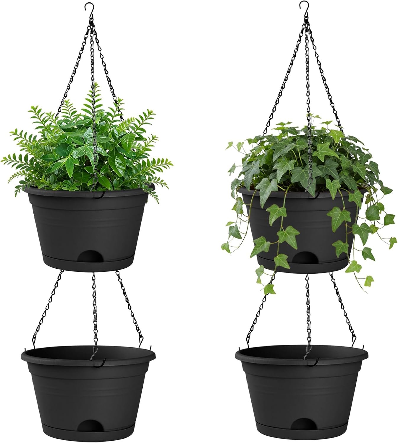 Nooulap 4 Pack Hanging Planters, 10 Inch Hanging Plant Pot with Hanger Chain & Drainage Trays, Hanging Baskets for Plants Outdoor Indoor, Flowers Pots for Home, Garden, Porch Decor (Black)