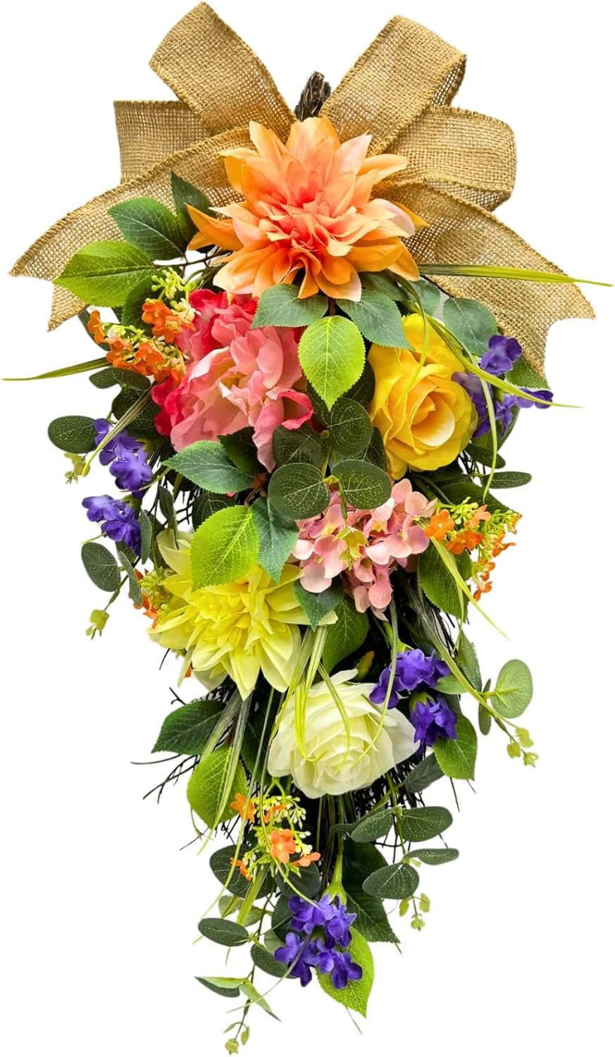 Svndlyn Lighted Spring Summer Floral Teardrop Swag with Burlap Bow, Dahlia | 10 Warm White LEDs, Peach Dahlia, Yellow Rose and Greenery for Front Door, Wall and Porch Spring Summer Decor