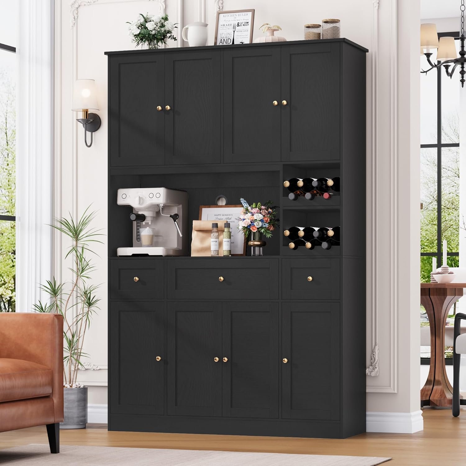 BOTLOG 72″ Tall Black Pantry Cabinet, Kitchen Hutch with Wine Rack, Microwave Stand, Buffet Cabinet with Hutch for Dining Room Kitchen, Home Bar Black