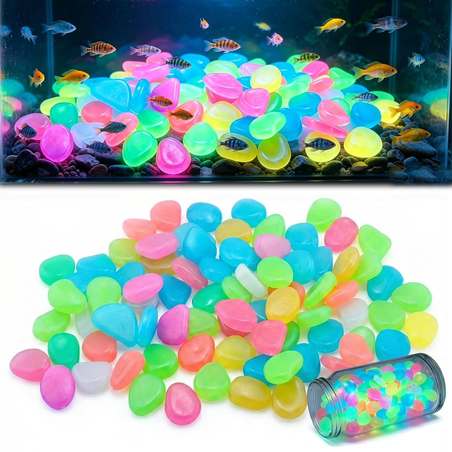 Colorful Glow in the Dark Garden Stones, Night Guide Luminous Pebbles Rainbow, Glow in the Dark Stepping Rocks Outdoor, Landscaping Decor, Glowing Stones Fish Tank Aquarium Decorations (200/Pack)