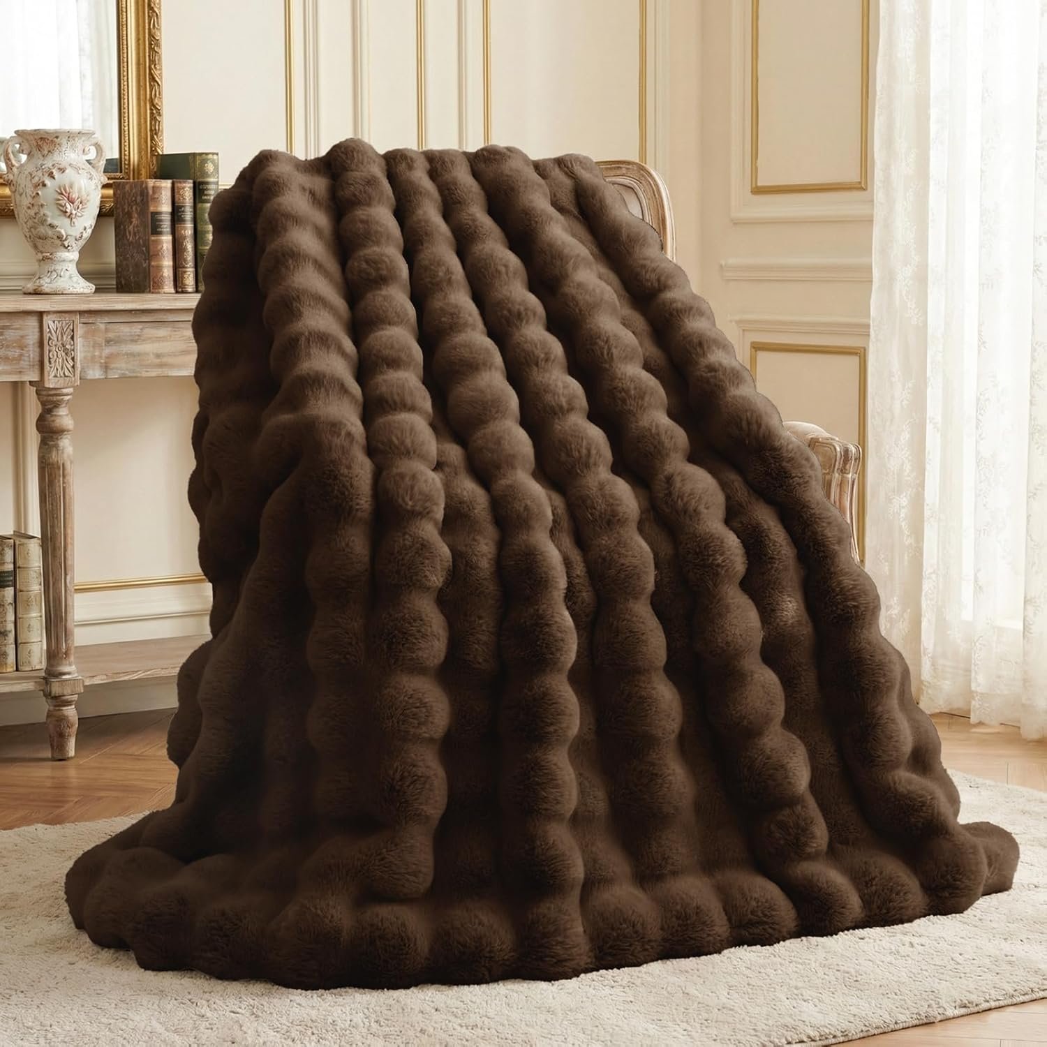 L’AGRATY Faux Rabbit Fur Blanket: 50″ x 60″ Luxury Soft Fluffy Thick Fur Throw Blanket for Couch Bed Sofa – Cozy Plush Bubble Blankets for Winter: Warm Flannel Fleece Decorative Blanket(Cocoa Brown)