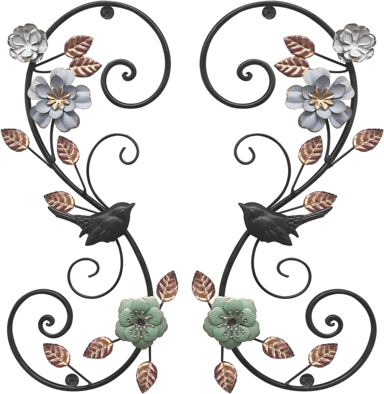 Birminwind 3D Metal Flower Wall Art: 2pcs Vintage Floral Wall Décor with Leaves Bird for Room – 15.16″ Black and Gold Iron Decoration Indoor Outdoor