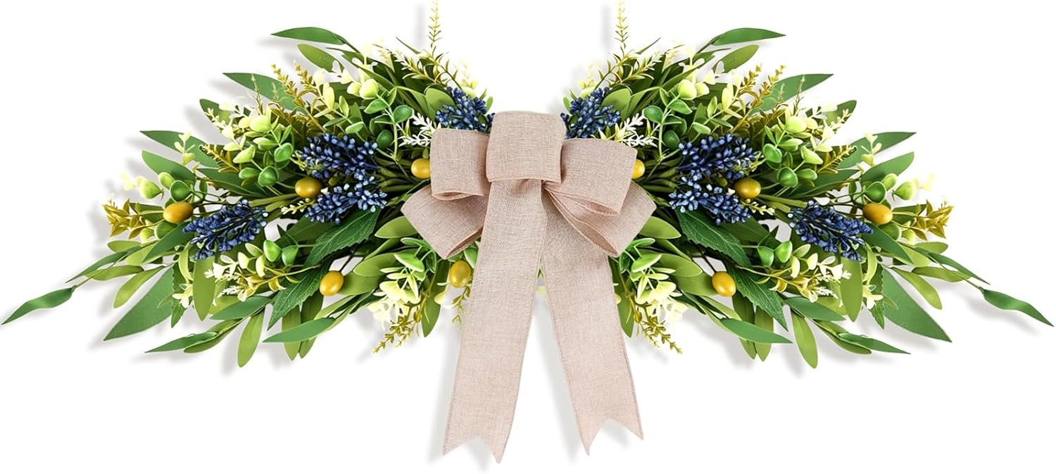 Floral Swag for Front Door Greenery Teardrop Swag Artificial Eucalyptus Olive Leaves Mixed Berry Swag with Bow Summer Wreath for Farmhouse Wedding Arch Party Wall Home Indoor Outdoor Holiday Decor