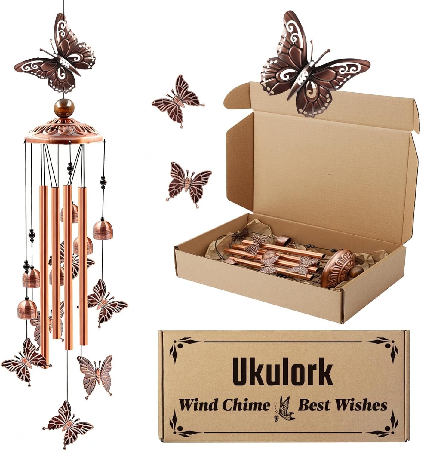 Wind Chimes for Outside, Butterflies Aluminum Tube Wind Chimes with S Hook, Patio Porch Garden Decor, Housewarming Gift for Mother’s Day Women Mom Grandma Sister