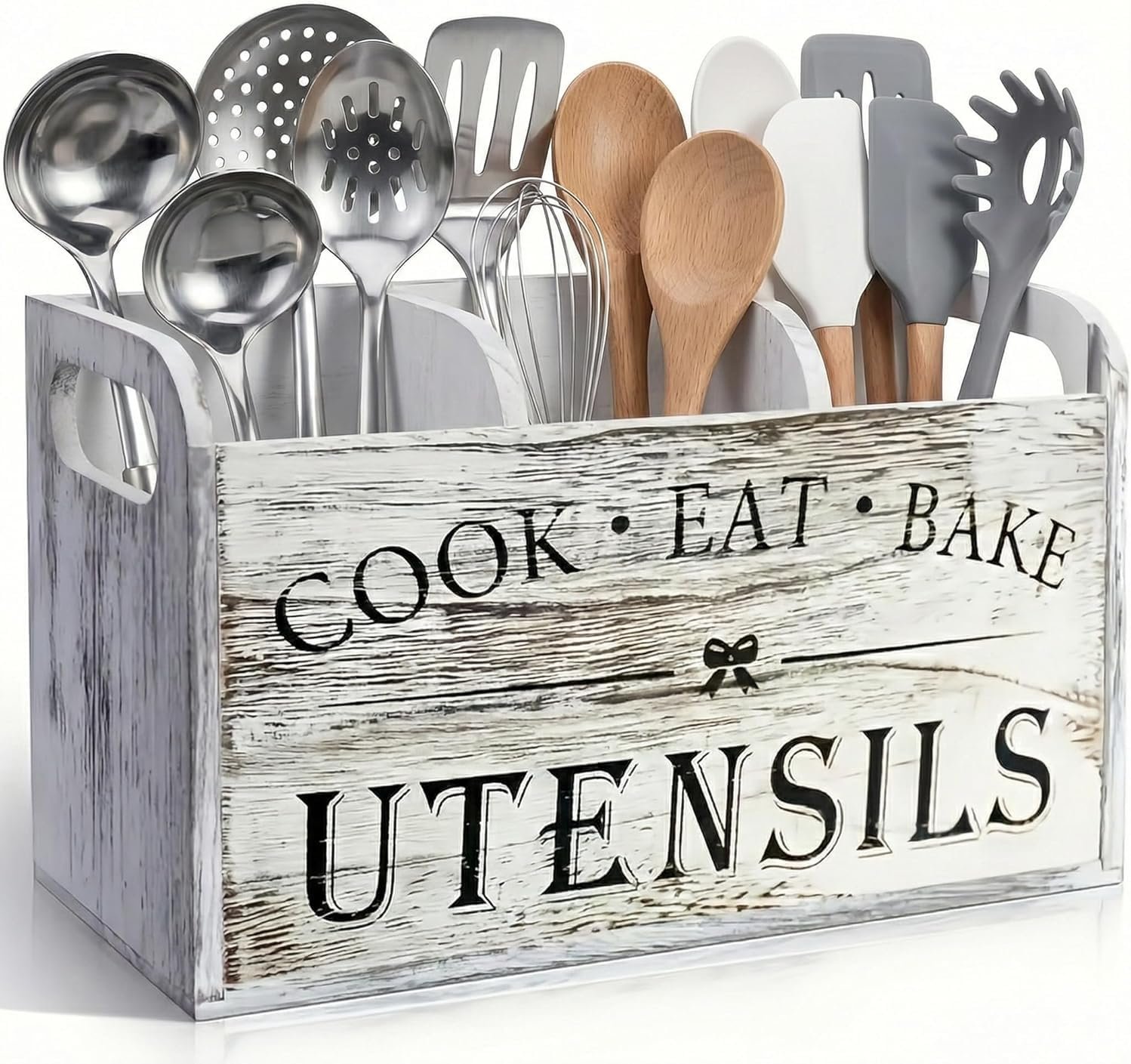Rustic White Wooden Utensil Holder for Kitchen Counter Decor,Extra Large Kitchen Utensil Holder Silverware Caddy Farmhouse Wood Cutlery Holder Cooking Utensil Stand Storage kitchen Tools Holder