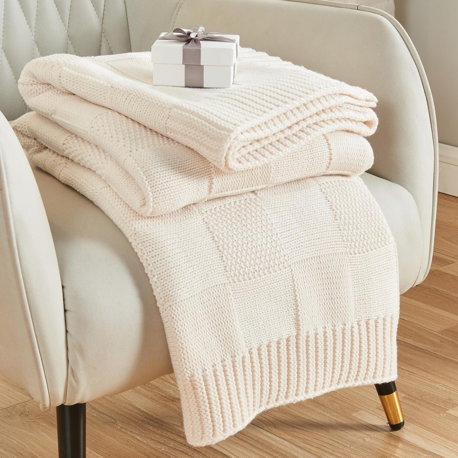 CozeCube Check Knit Throw Blanket, Cream White Checkered Throw for Couch, Decorative Christmas Soft Cozy Warm Knitted Blanket for Bed Sofa Living Room, 60″X80″