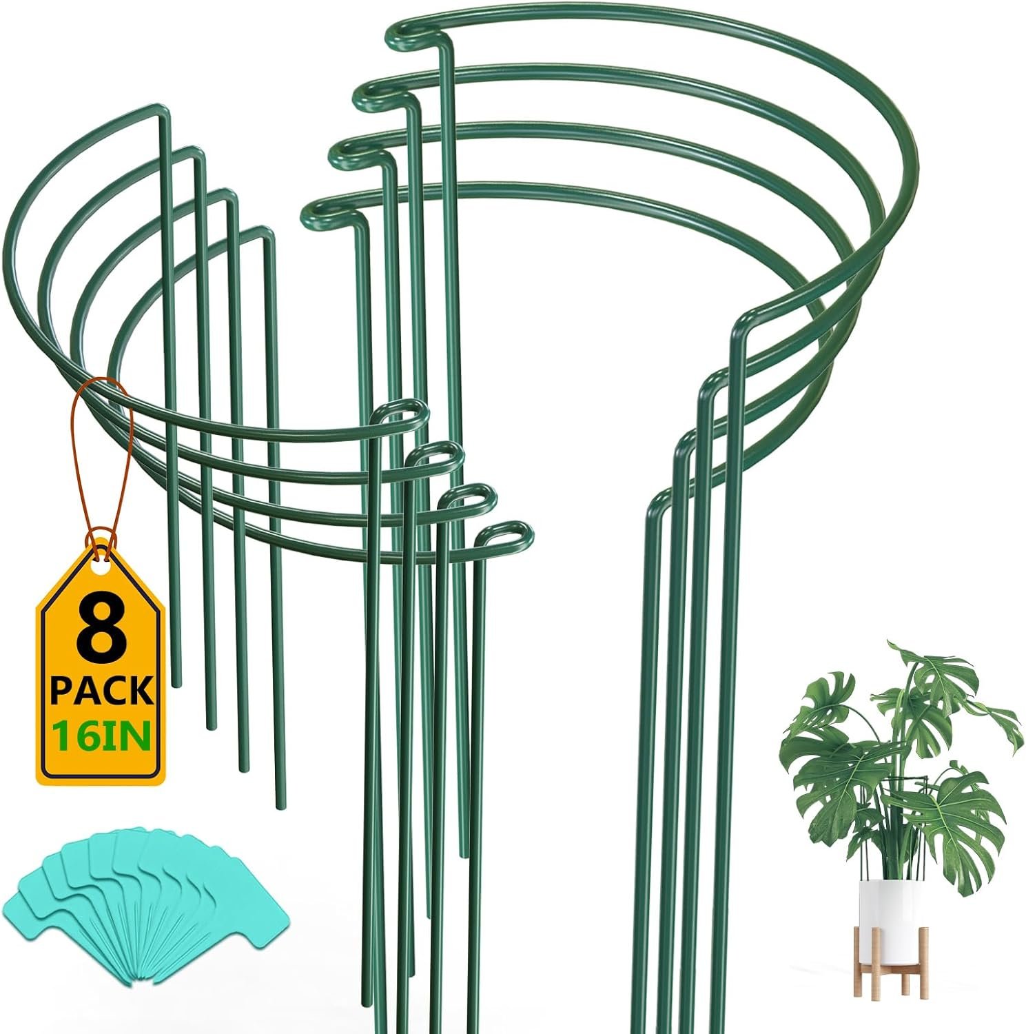 Breeze Touch 8 Pack Plant Support Stakes, 16 Inch Plant Stakes for Outdoor Plants, Peony Cage with 15 Pcs Green Lables, Peony Cages and Supports, Peonies Support Cages Flower Stakes for Plants