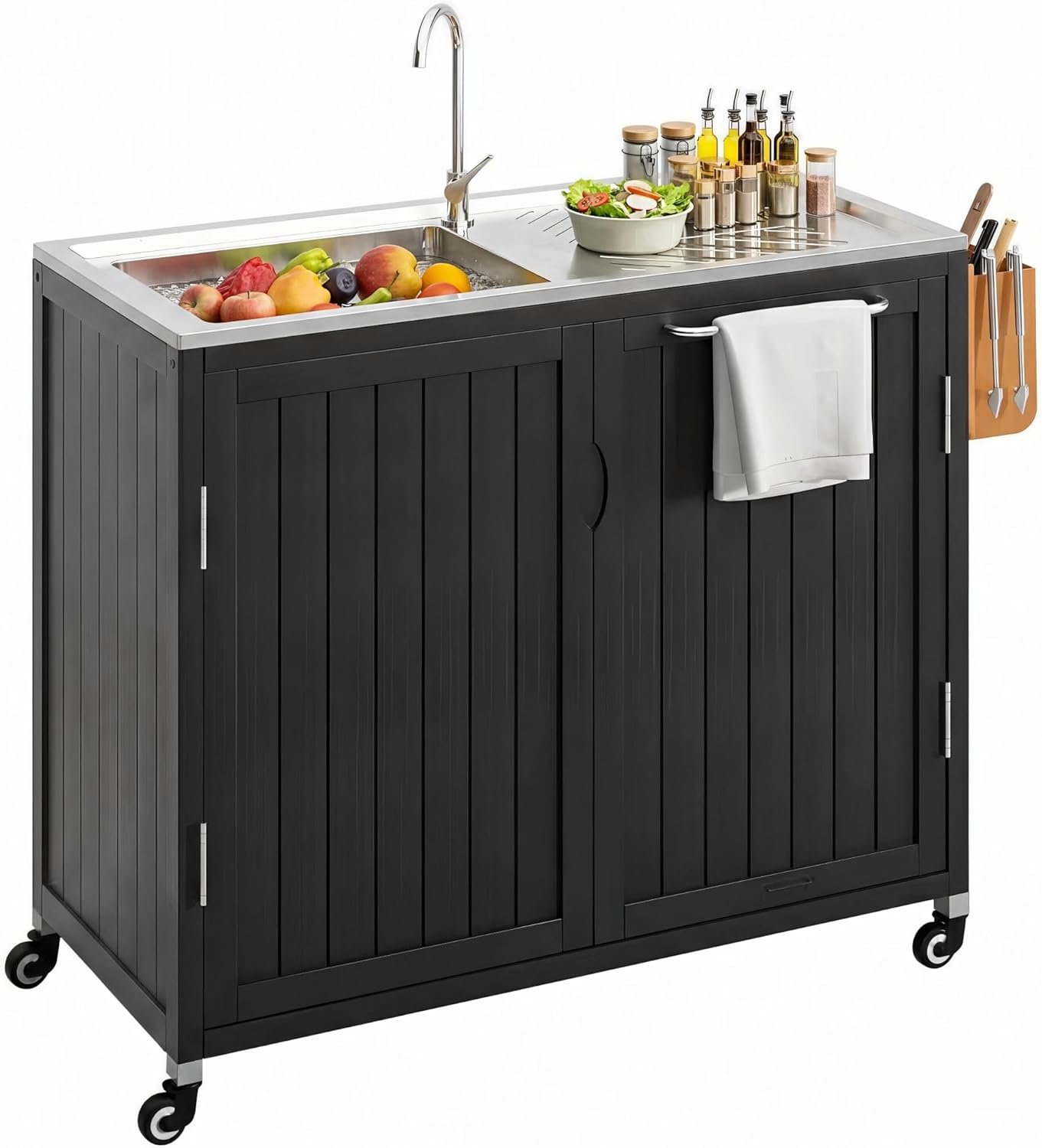 Outdoor Kitchen Island with 304 Stainless Steel Sink and Large Storage Cabinet,40-Inch BBQ Prep Station with Sink & 360 Lockable Wheels for Patio,Solid Wood Grill Cart，Backyard, Outdoor Party, Black