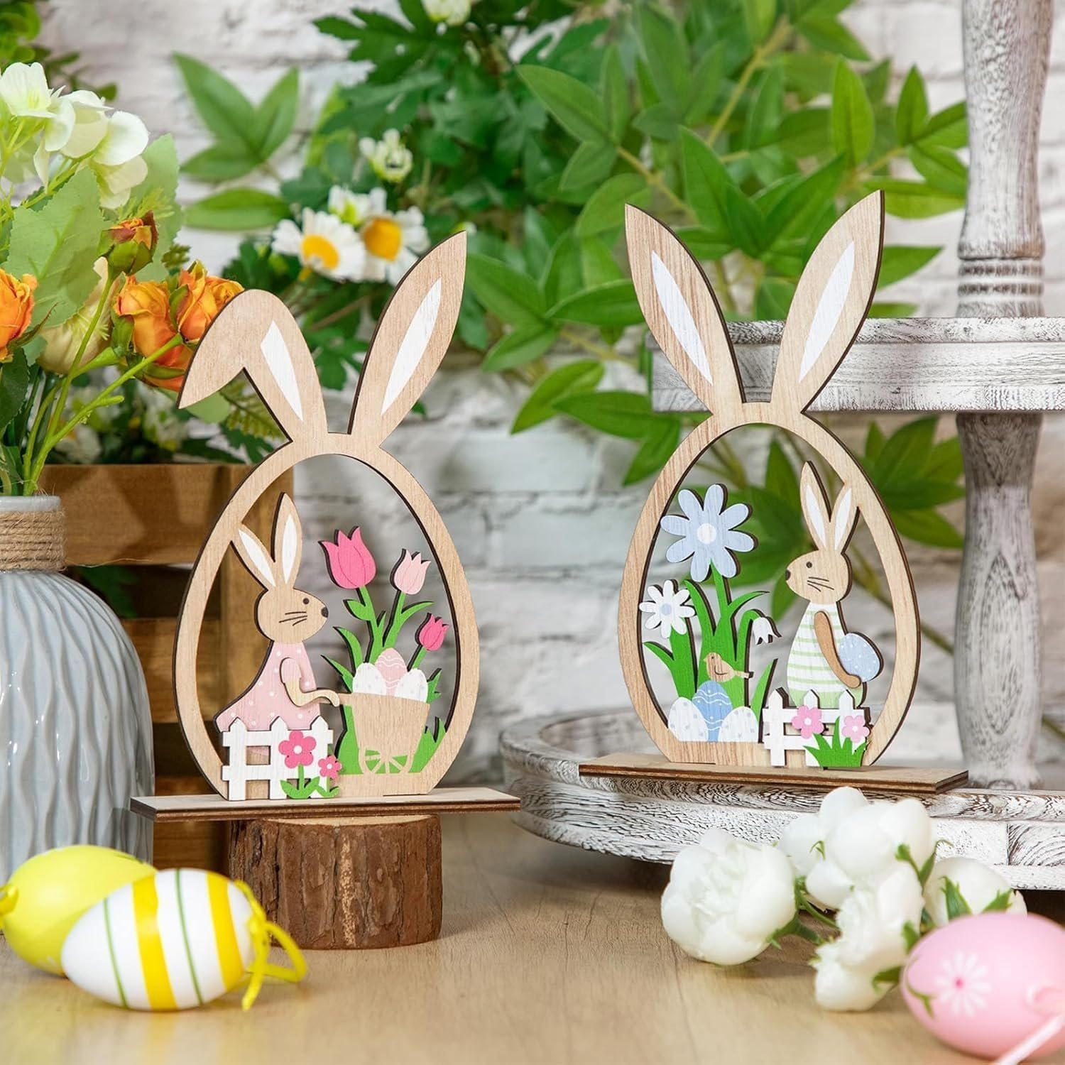 2Pcs Easter Bunny Wooden Tabletop Decor 3D Layered Rabbit Figurines with Eggs Flowers Rustic Wood Craft Ornaments for Spring Home Tiered Tray Party Decor